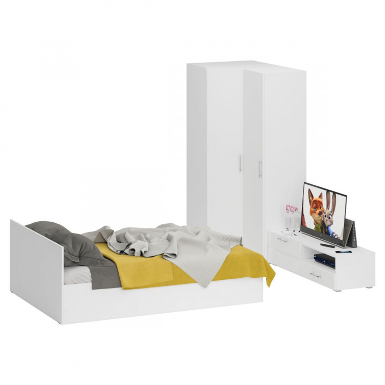 Спальня Стандарт 4-1400, цвет белый/фасады ТВ тумбы МДФ белый глянец, сп.м. 1400х2000 мм., без матраса, основание есть
