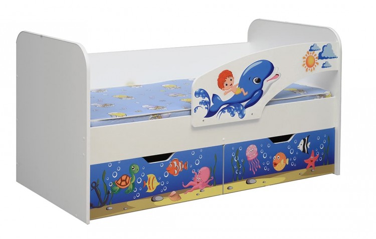 Кровать Дельфин, детская с фотопечатью 800х1800 лдсп белый (правая)