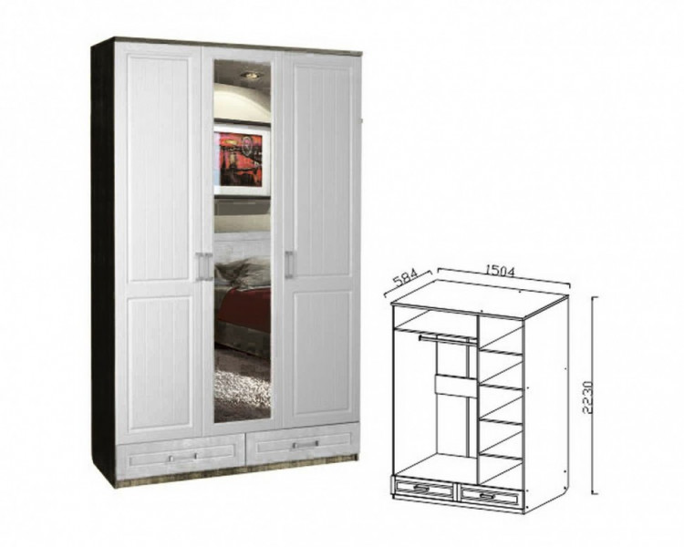 Шкаф 3-х дверный Ивушка-10, фасад Прованс, для платья и белья мдф мат Акация белая/черный ясень