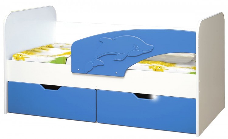 Кровать детская Дельфин, 800х1600 мдф глян белый/синий (правая)